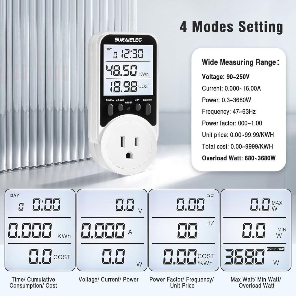 Suraielec Watt Meter, Plug-in Socket Power Meter, 90V-250V Wide Range, Backlit Large Display, Auto Cost Calculator, Overload Protection, Kilowatt Wattage Voltage AMP Tester, Electricity Usage Monitor