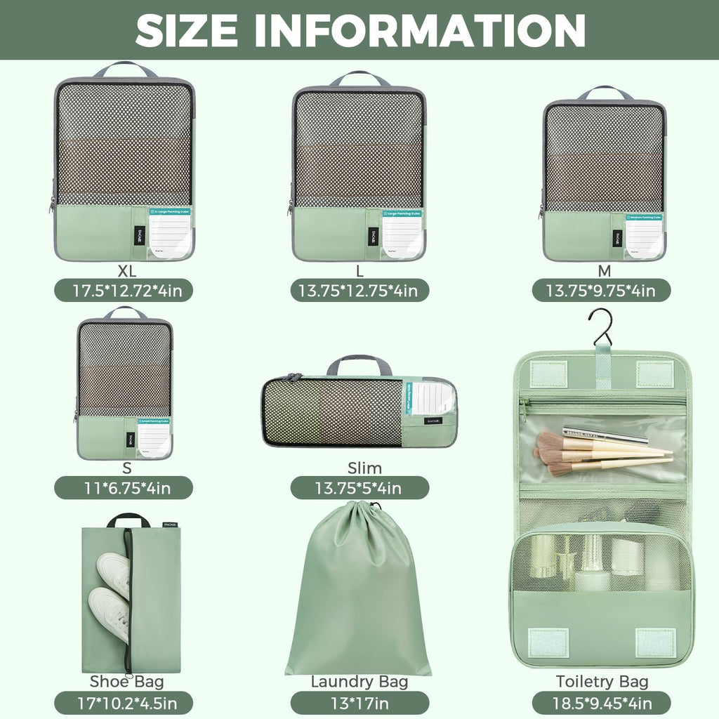 BAGAIL 4 Set/6 Set/8 Set Compression Packing Cubes Travel Accessories Expandable Packing Organizers(HalfMesh, 8-MatchaGreen)