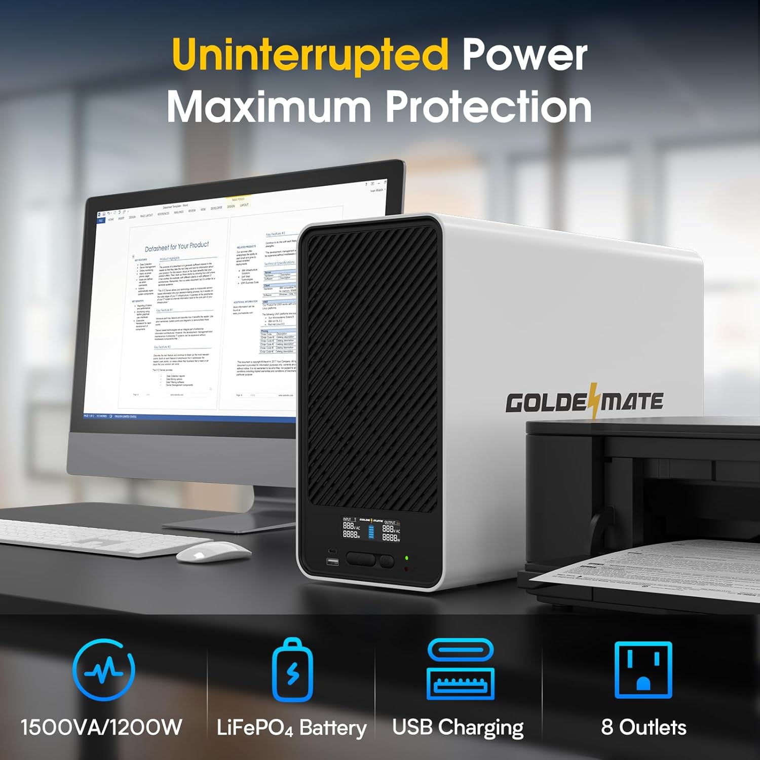GOLDENMATE 1500VA/1200W Lithium UPS Battery Backup and Surge Protector, Backup Battery Power Supply with LiFePO4 Batteries(296Wh), AVR, Line Interactive Sinewave UPS System, 8 Outlets, LCD Display