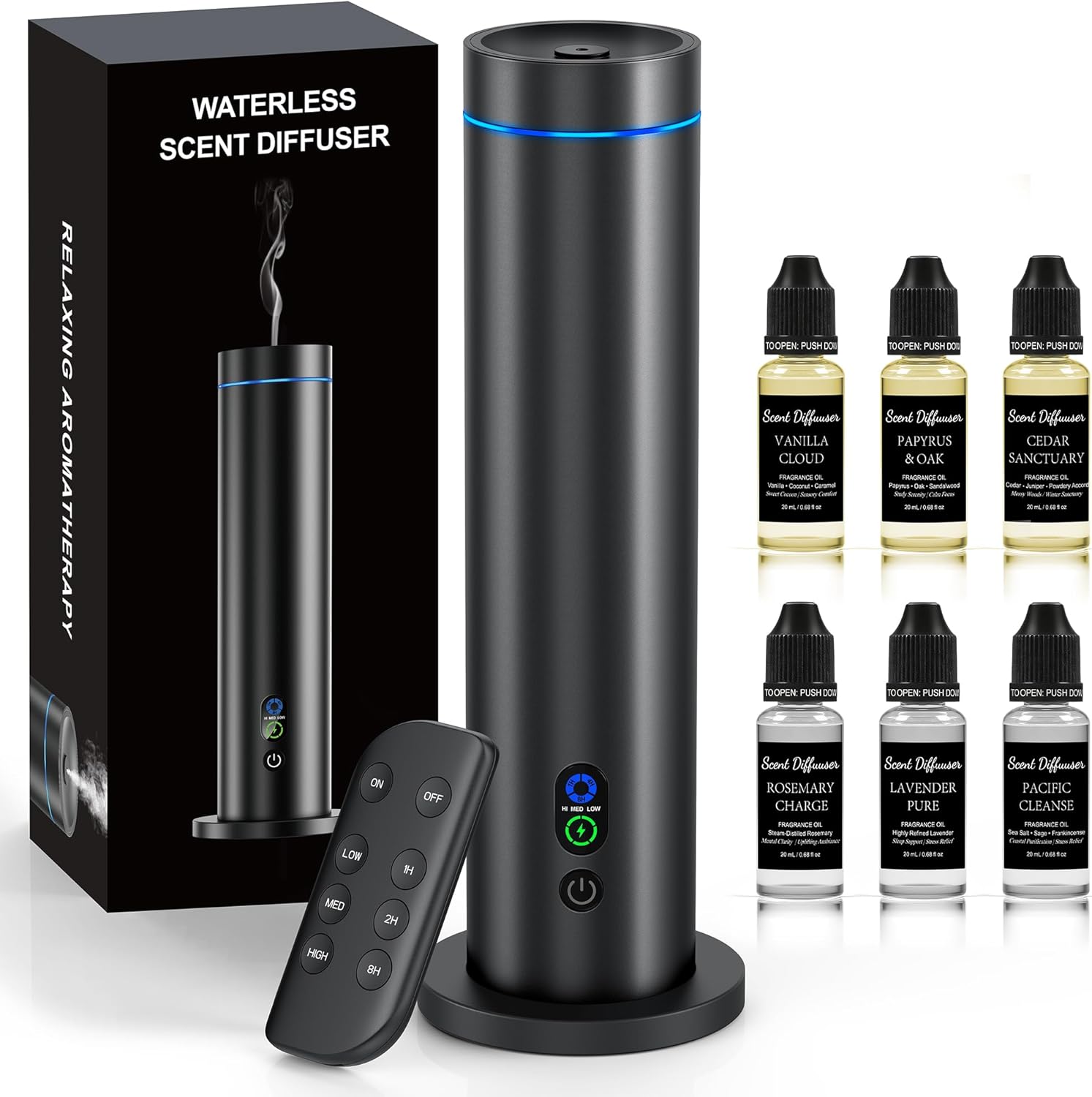 Waterless Diffuser, 1000 Sq.Ft Coverage, Essential Oil Diffuser with Tilt-Safe, Remote Control, Adjustable Mist Mode, Mood Lights Aromatherapy Diffuser for Home, Large Room, Office, Hotel, Black