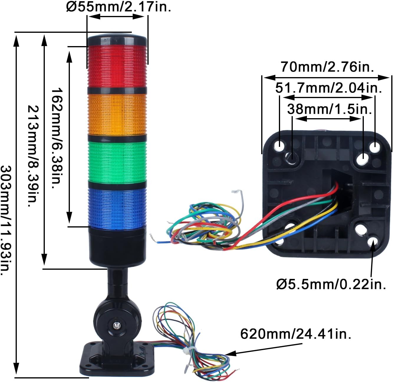 Led Signal Tower Stack Lights, Industrial Signal Warning Lights, Column Tower Lamp with Rotatable Base, Steady/Flashing Switchable,12V 24V DC(4-Layer, with Buzzer) Black