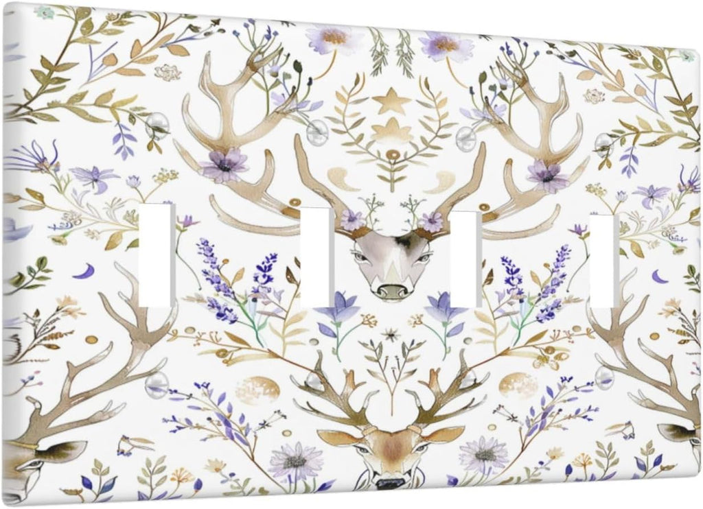Light Switch Covers Gothic Retro Floral Damask Elk Wild Flower Quad Toggle Electrical Faceplate 4 Gang Wall Plate Decorative Switch Plates For Bed Room Living Room Decor