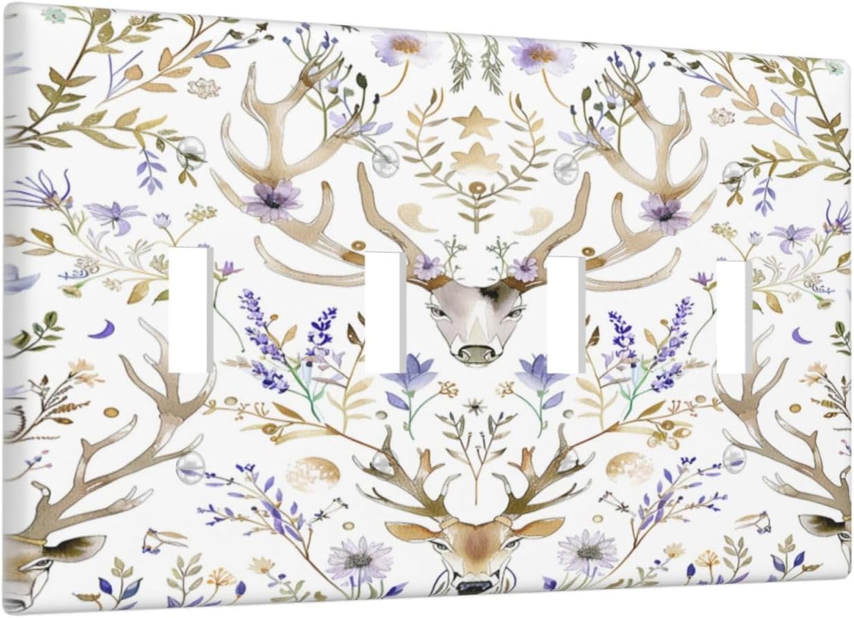 Light Switch Covers Gothic Retro Floral Damask Elk Wild Flower Quad Toggle Electrical Faceplate 4 Gang Wall Plate Decorative Switch Plates For Bed Room Living Room Decor