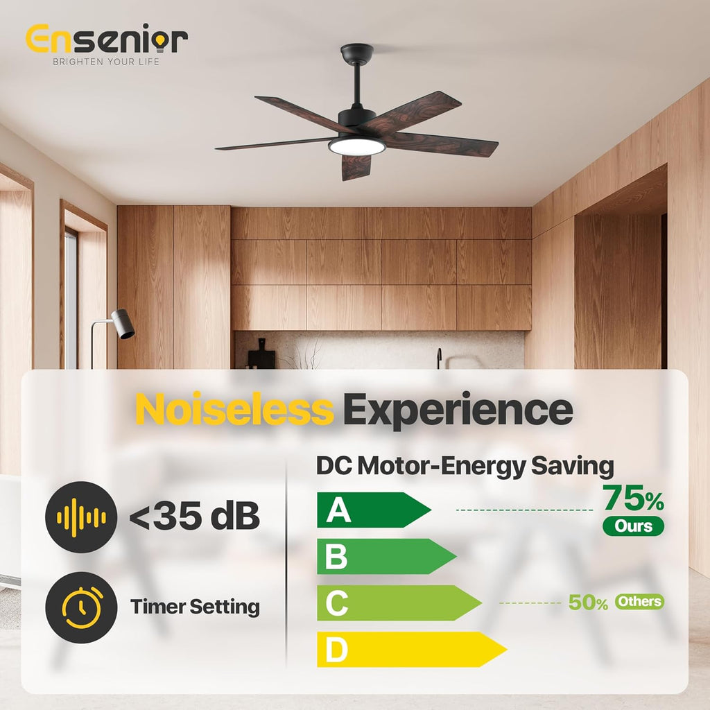 Ensenior 52 Inch Smart Ceiling Fans with Lights and Remote Control via Alexa Google Voice App, Reversible DC Motor 6 Speeds, 3000K-6000K Dimmable LED Black Bedroom Ceiling Fan with Lights - 5 Blades