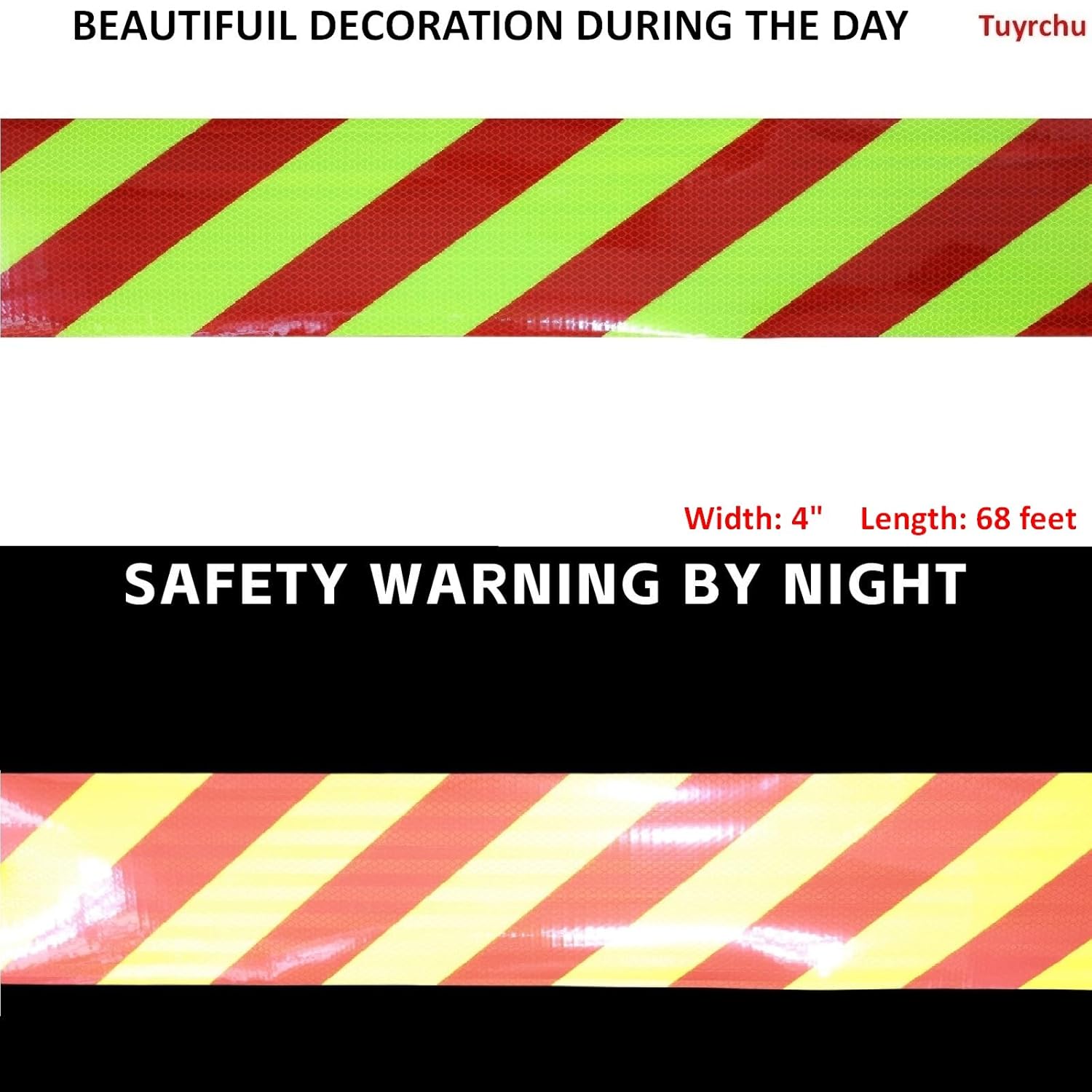 Non Fading Reflective Tape Outdoor Waterproof 4 inch Wide, High Visibility Warning Industrial Marking Tape, Safety Stickers (68 feet)