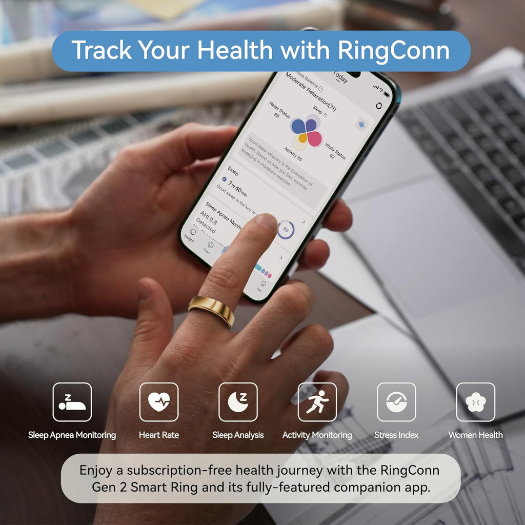RingConn Gen 2, World’s First Smart Ring with Sleep Apnea Monitoring, No APP Subscription, 12-Day Battery Life, Stress/Heart Rate/Women's Health Tracker, Android & iOS Compatible (Rose Gold, Size 13)