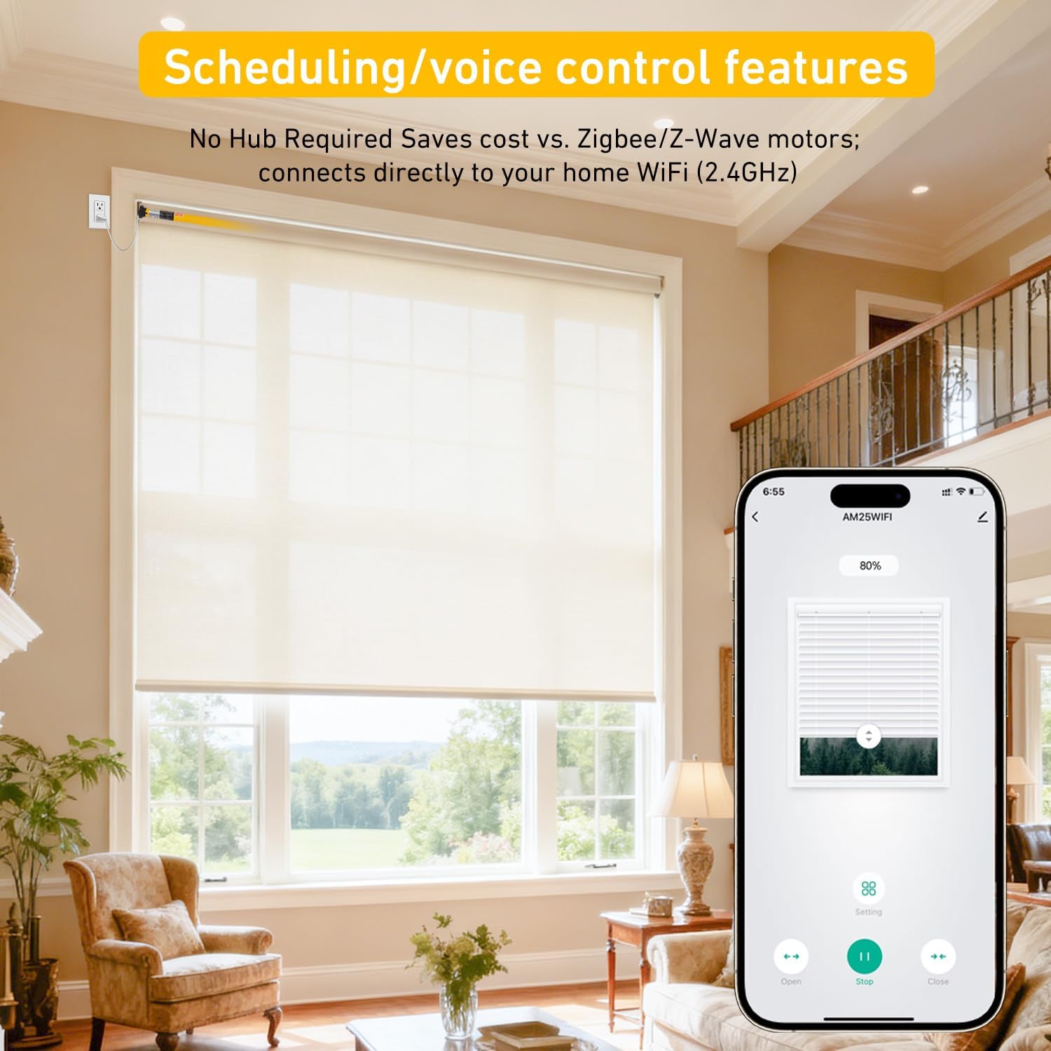 Smart Tuya WiFi Blinds Motor for Roller Shades, Alexa & Google Home Compatible, App & Timer Control, AC100-240V for 1.75"/45mm Tubes, Nlo Hub Required