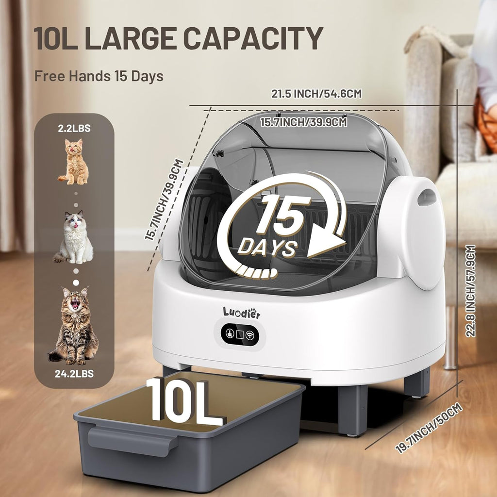 Self Cleaning Litter Box, Automatic Cat Litter Box Self Cleaning with APP Control, Odor-Free Waste Disposal Includes Trash Bags, Triple Safety Sensor, for Multiple Cats, Open-Top(White-Grey)