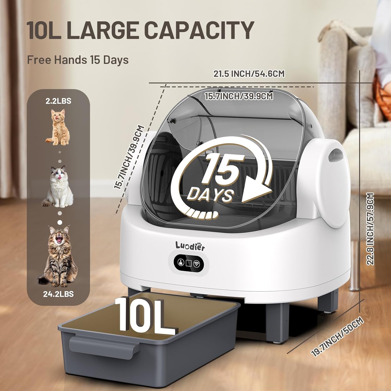 Self Cleaning Litter Box, Automatic Cat Litter Box Self Cleaning with APP Control, Odor-Free Waste Disposal Includes Trash Bags, Triple Safety Sensor, for Multiple Cats, Open-Top(White-Grey)