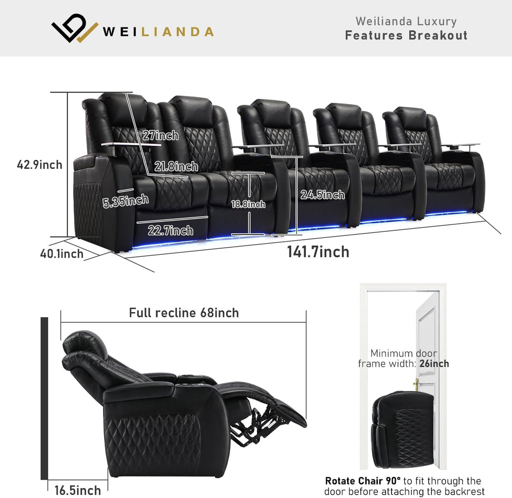 Weilianda Home Theater Seating Top Grain Leather Zero Gravity Recliner Chair Power Headrest Recline Movie Seat Gaming 7 Colors Mood Light Sofa with Tray Table USB Charge Row of 5 Loveseat Left Black