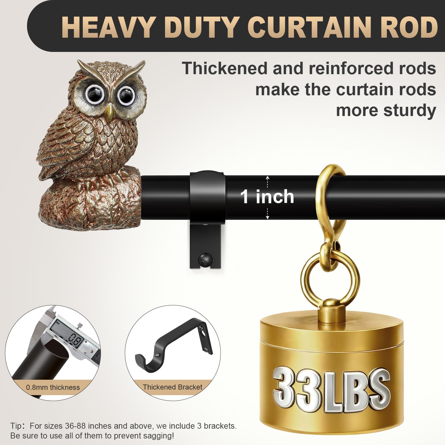 Vintage Decorative Black Curtain Rods for Windows 48 to 84 Inch Adjustable Heavy Duty 1'' Diameter Curtain Rod with Owl Finials for Bedroom Living Room Kitchen Farmhouse (36-88'')