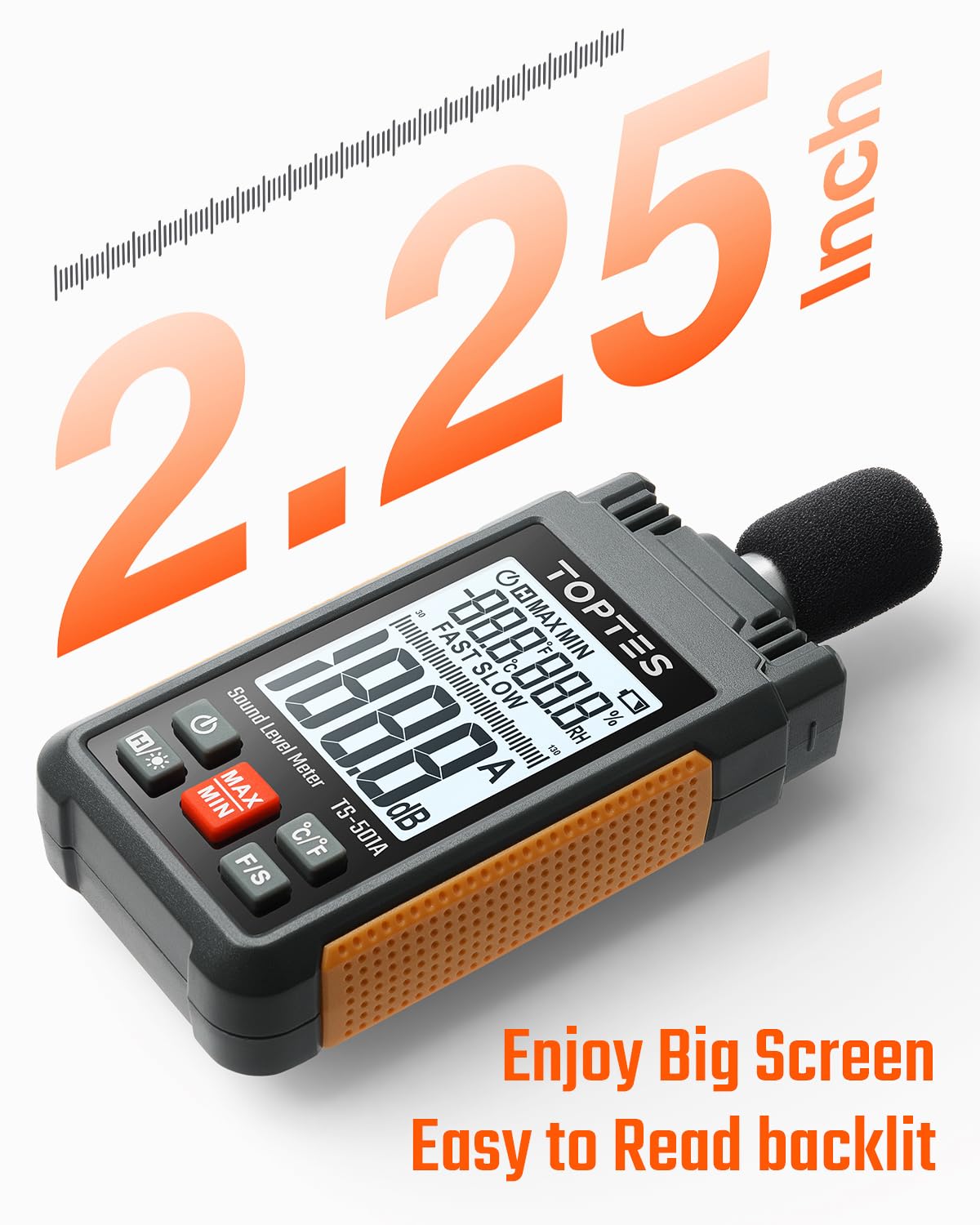 TopTes Decibel Meter, TS-501A Sound Level Meter with 2.25” Backlight LCD Screen, Portable SPL Tester with A Weighted, Range 30-130dB, Data Hold, MAX/MIN, Use for Home, Noisy Neighbor, Factory - Orange
