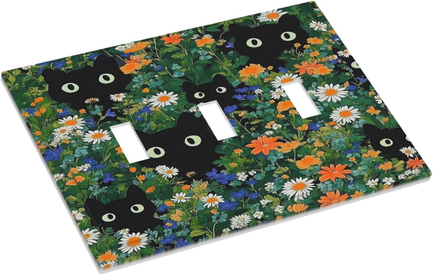 Boho Funny Black Cute Cats Daisy Wildflower Decorative Switch Plates 3 Gang Wall Plate Triple Toggle Light Switch Cover Faceplate Electrical Wall Panels For Kids Room Bed Room Decor