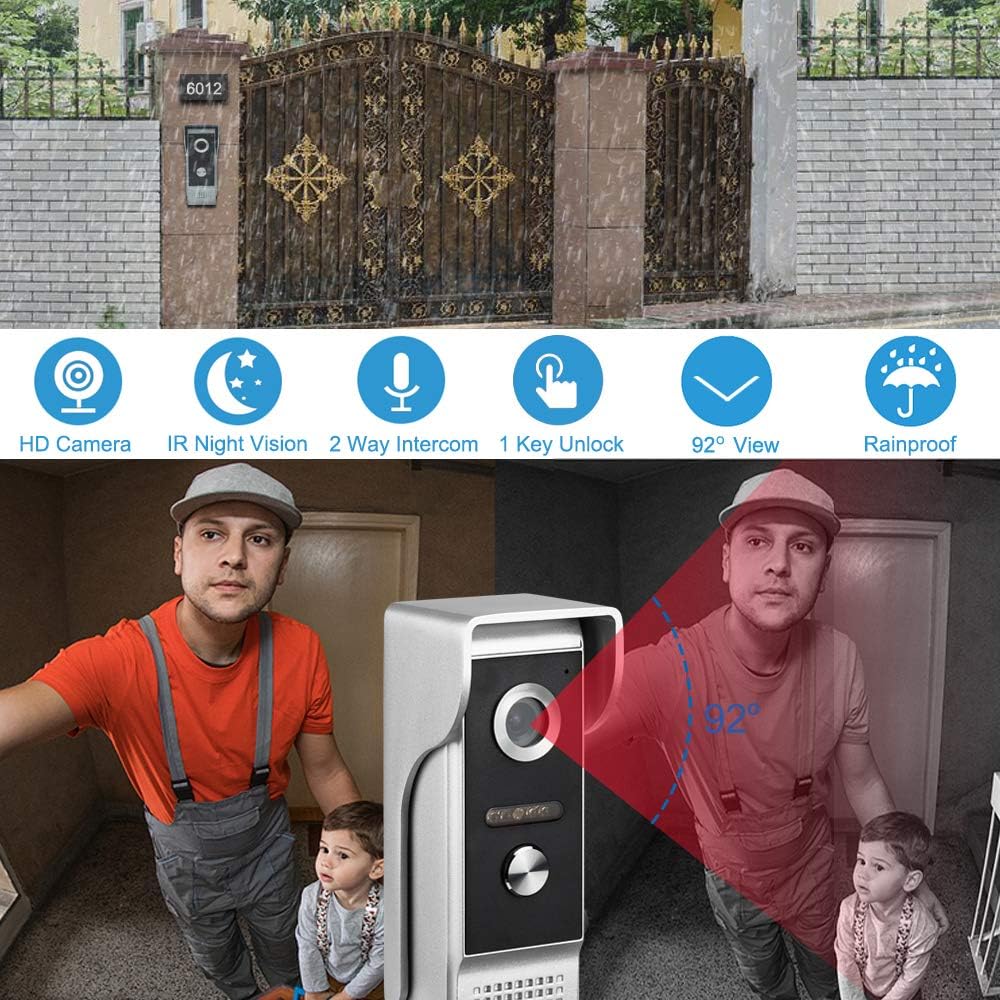 Video Intercom System, 7 Inches Monitor Wired Video Door Phone Doorbell Kits, Indoor Outdoor IR Camera Support Unlock, Monitoring, Dual-Way Intercom for Villa House Office Apartment