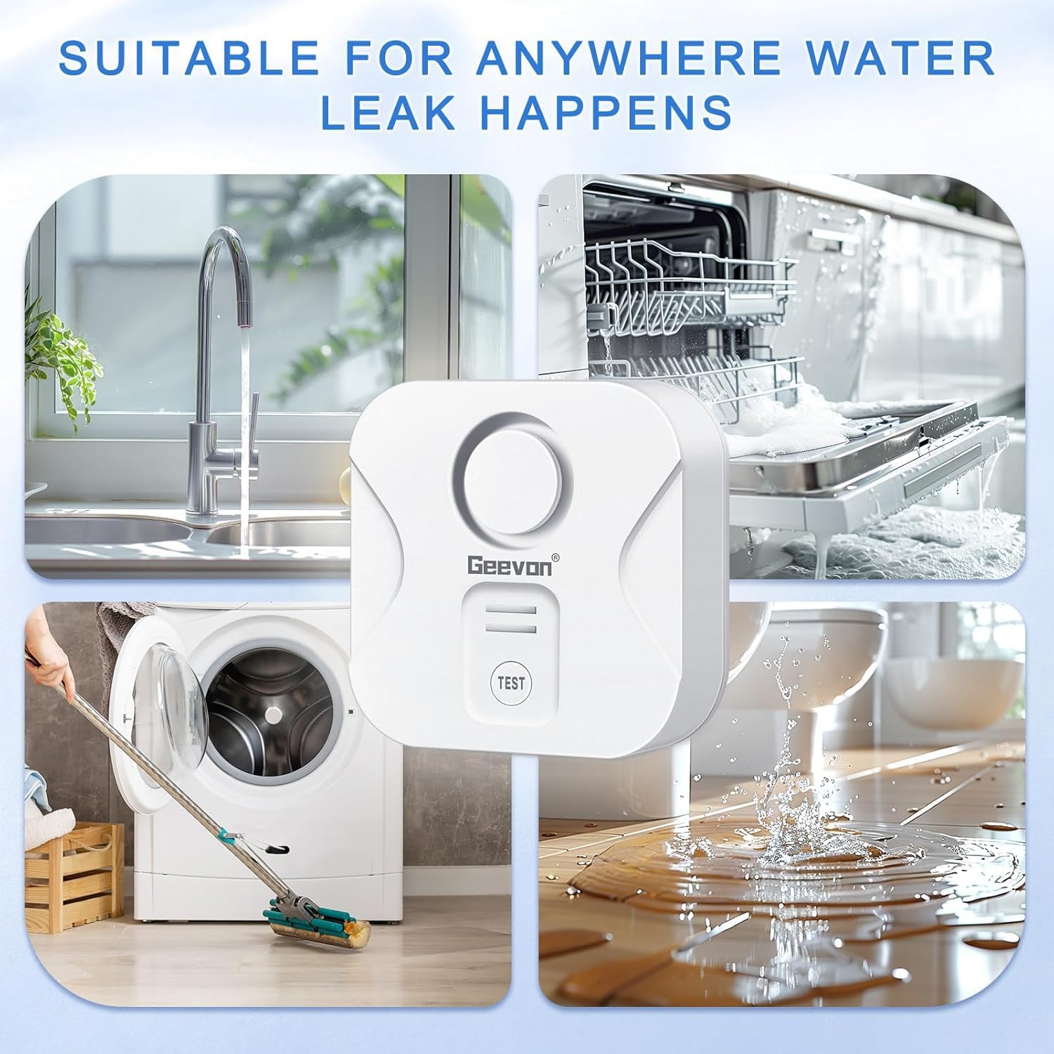 Geevon 4 Pack Water Leak Detectors for Home, 100dB Water Sensor Alarm Flood Leakage Detection Devices for Bathroom, Basements, Laundry Rooms, Kitchen, IP56 Waterproof(Battery＆Screwdriver Included)