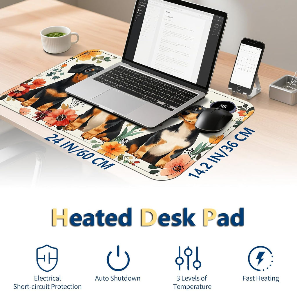 Heated Mouse Pad with 3 Temperature Settings(104°F–122°F),Large 24x14.2 Inch PU Leather Heated Desk Mat,Waterproof Warming Pad for Office,Gaming & Cold Hands Relief,Dogs and Flowers