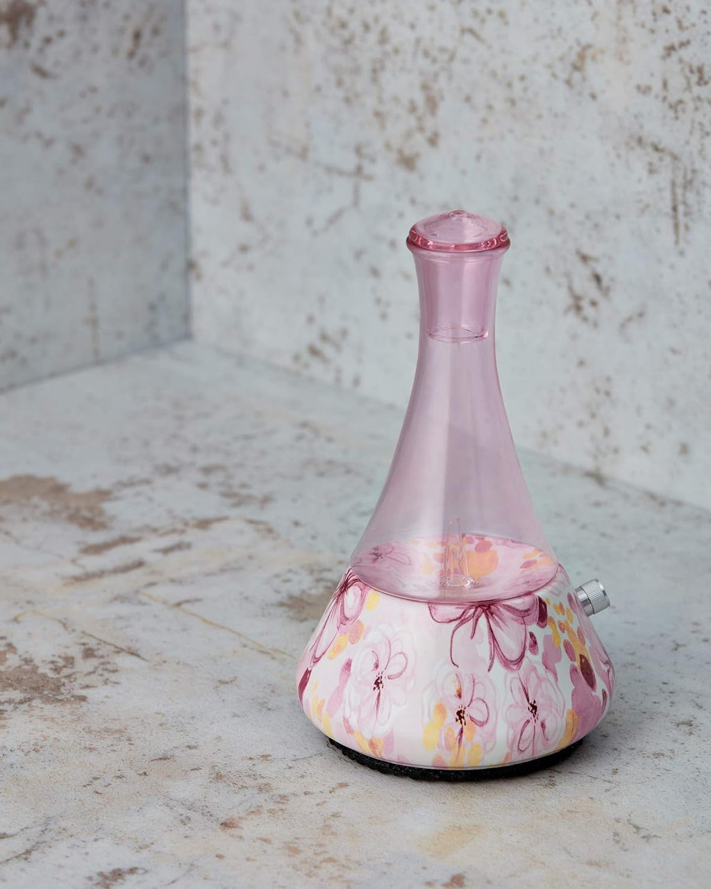 Opulence - Nebulizing Diffuser for Essential Oil/Aromatherapy with Pink Floral Ceramic Base and Pink Hand-Blown Glass with Touch Sensor Light Switch - No Heat, No Water, No Plastic