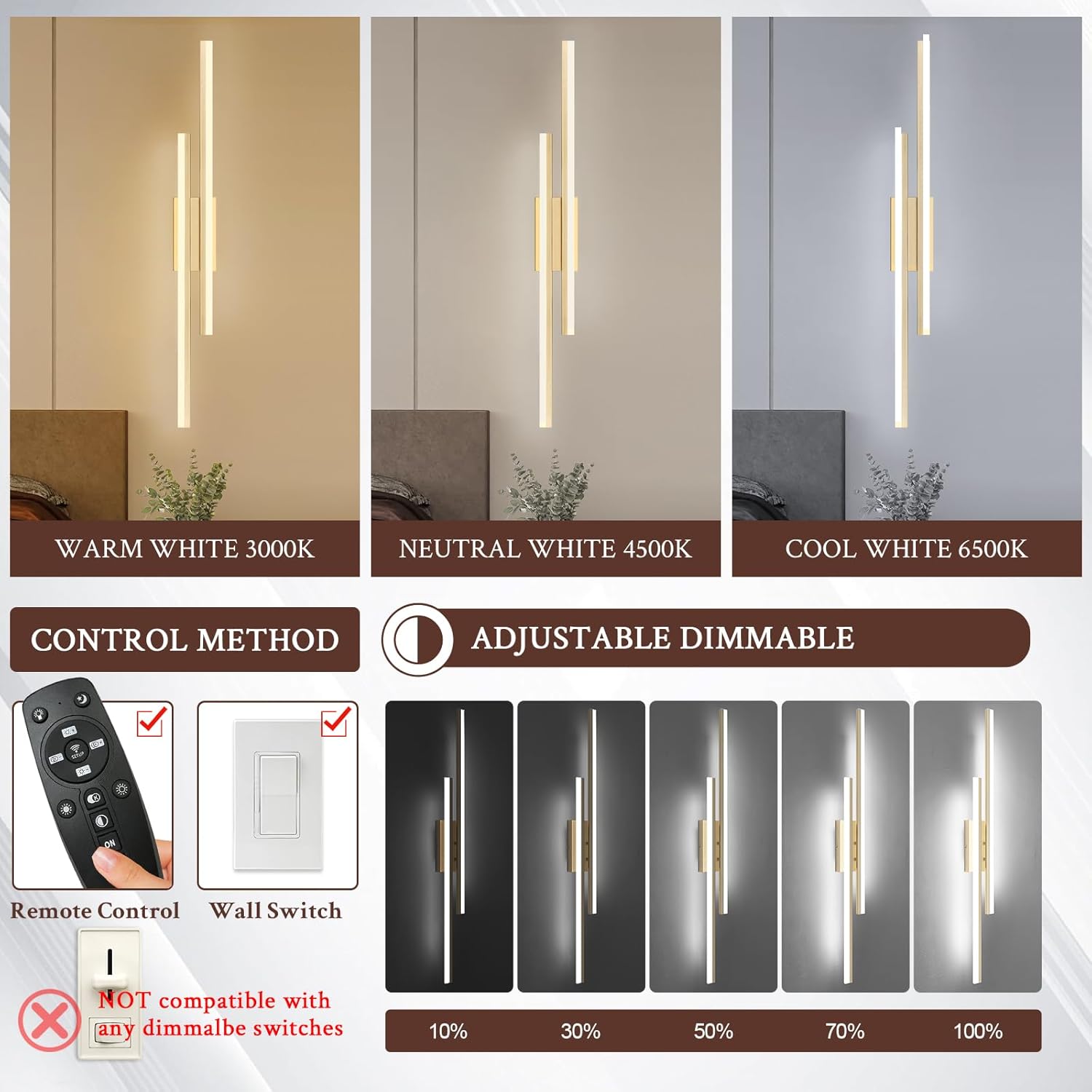 LED Wall Sconce Gold Modern Remote Wall Light Fixtures for Living Room, Dimmable LED Vanity Light Indoor Remote Wall Sconce for Bedside Bedroom Bathroom Dining Room, 39.4inch 1 Pack