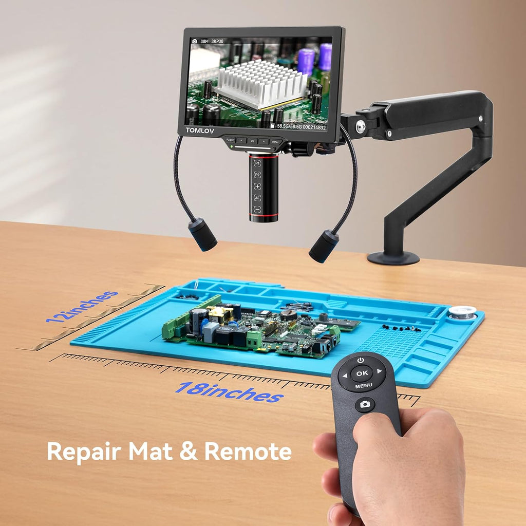 TOMLOV Autofocus Digital Microscope TM3K-AF Max: 3K Flex Arm HDMI Microscope with Screen, Micro Soldering Microscopes, Coin Magnifier, 10.1" IPS Screen, Side Lights, Repair Mat, PC/TV Compatible, 64G