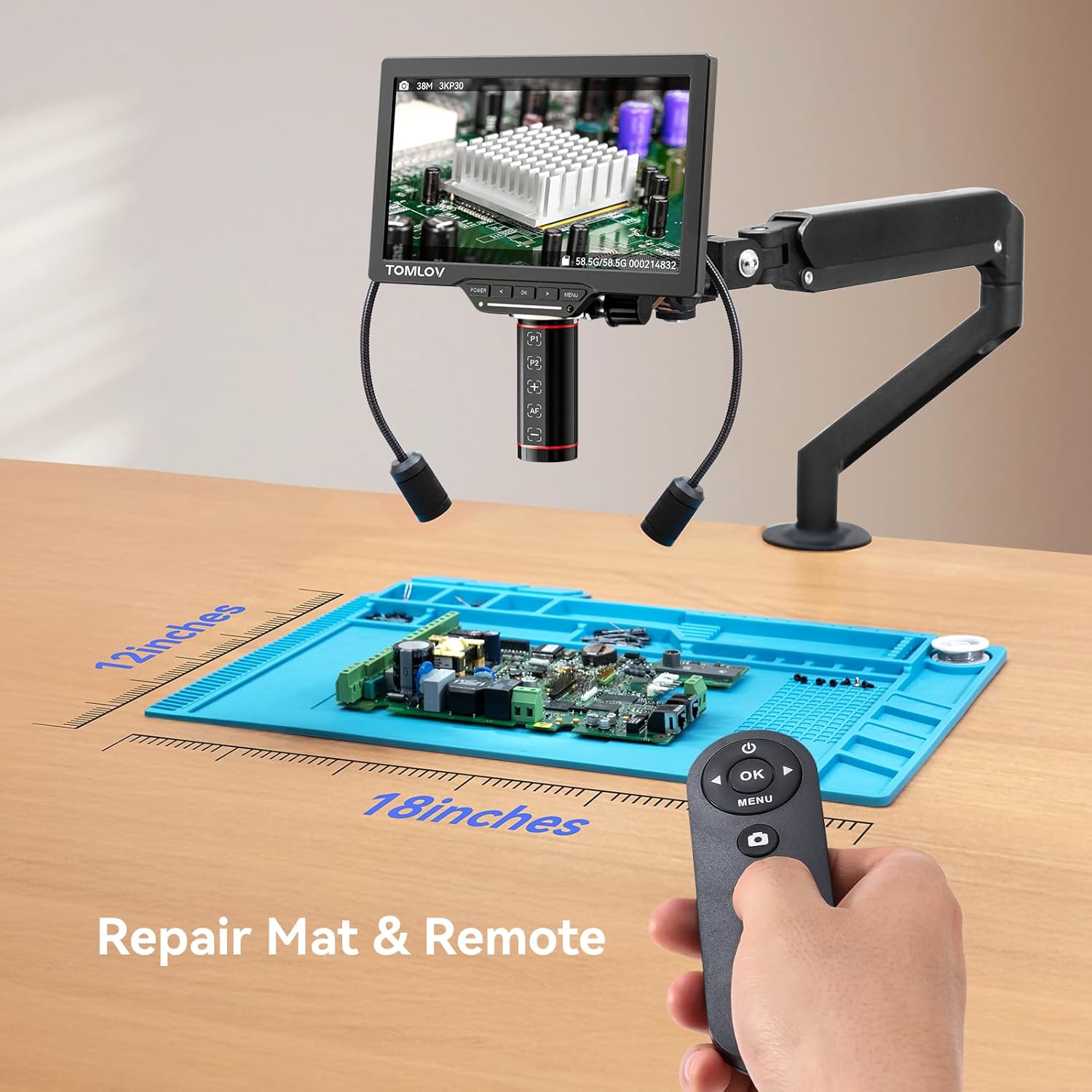 TOMLOV Autofocus Digital Microscope TM3K-AF Max: 3K Flex Arm HDMI Microscope with Screen, Micro Soldering Microscopes, Coin Magnifier, 10.1" IPS Screen, Side Lights, Repair Mat, PC/TV Compatible, 64G