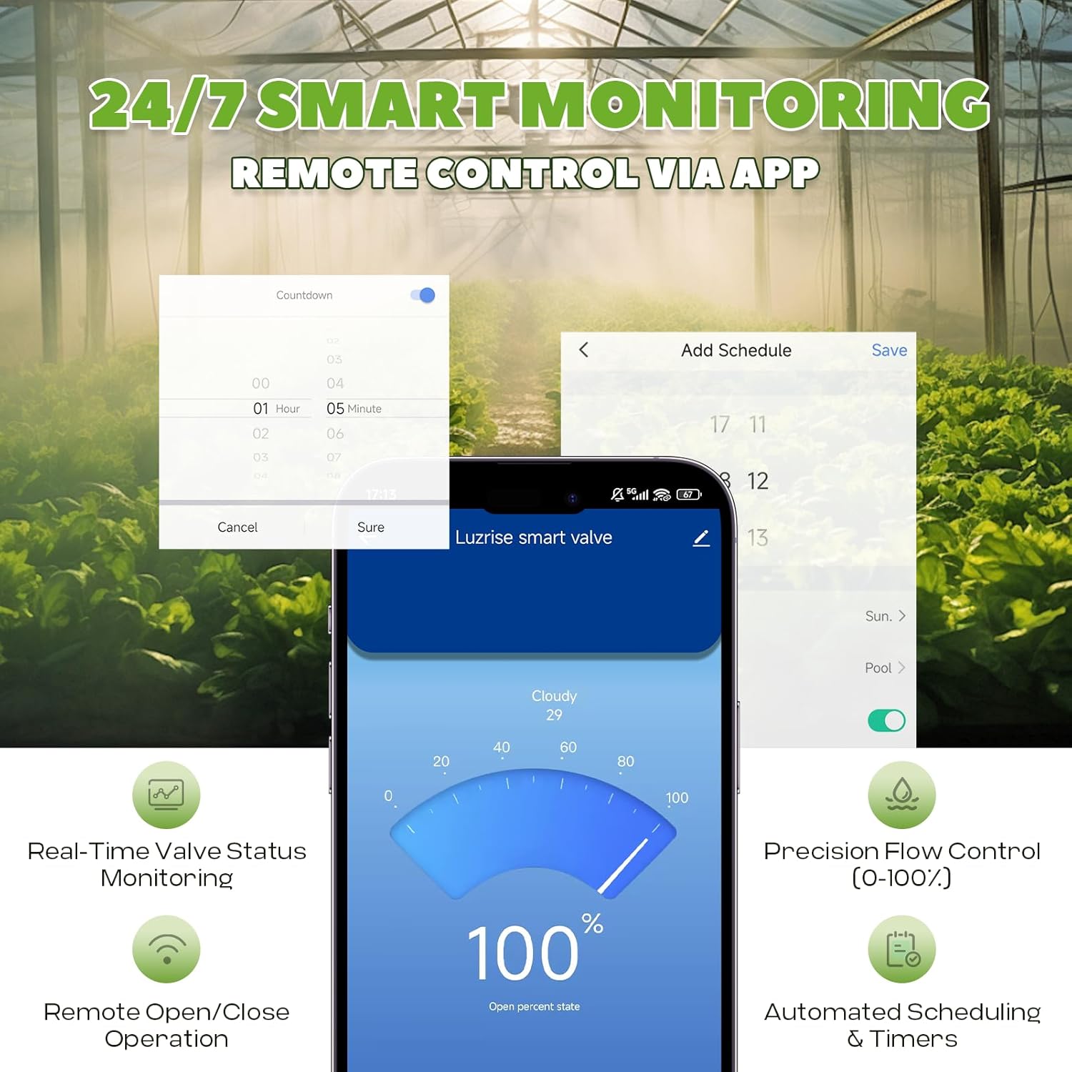 Smart Motorized Ball Valve with Remote Control- Automatic Water Shut-Off, 0-100% Adjustable Flow, Programmable Timer, Real-Time Monitoring (Stainless Steel, DN25 (1''))