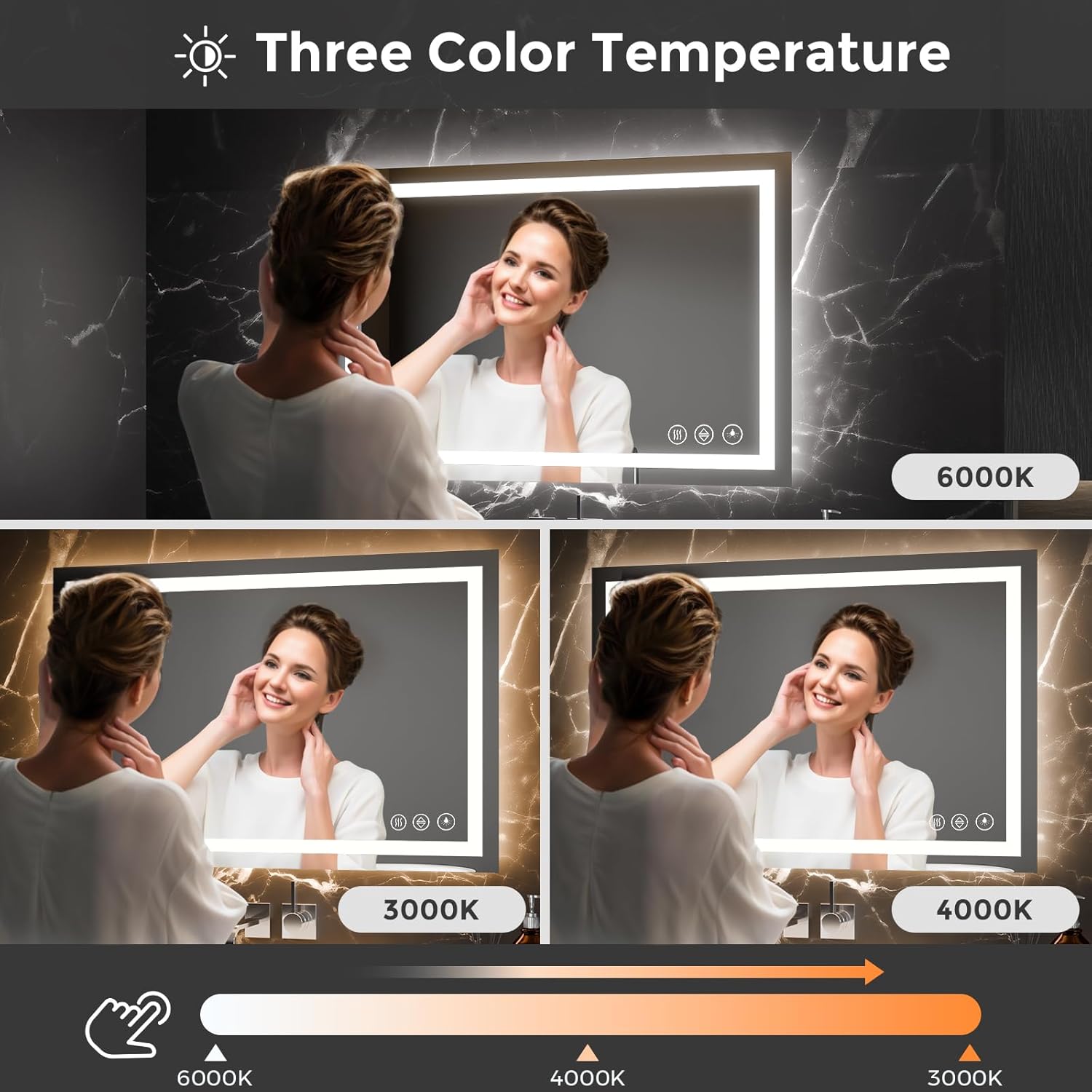 Koonmi 24x36 LED Bathroom Mirror, Backlit + Front Lit, LED Bathroom Mirror with Lights for Wall, 3 Colors, Anti-Fog, Dimmable Brightness, Memory Function, Tempered Glass