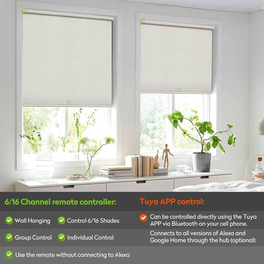 ZSTARR Motorized Blackout Roller Blinds with Remote Control,Rechargeable Smart Window Shades Compatible with Alexa Google via Hub,Fabric Wrapped Valance, Custom Size (Beige)