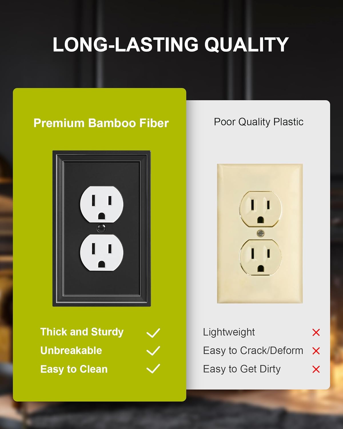 4-Pack Duplex Outlet Cover, Natural Bamboo Fiber Switch Plates and Outlet Covers, Black Decorative Wall Plates for Electrical Outlets, 1 Gang Receptacle Cover, Corrosion Resistant