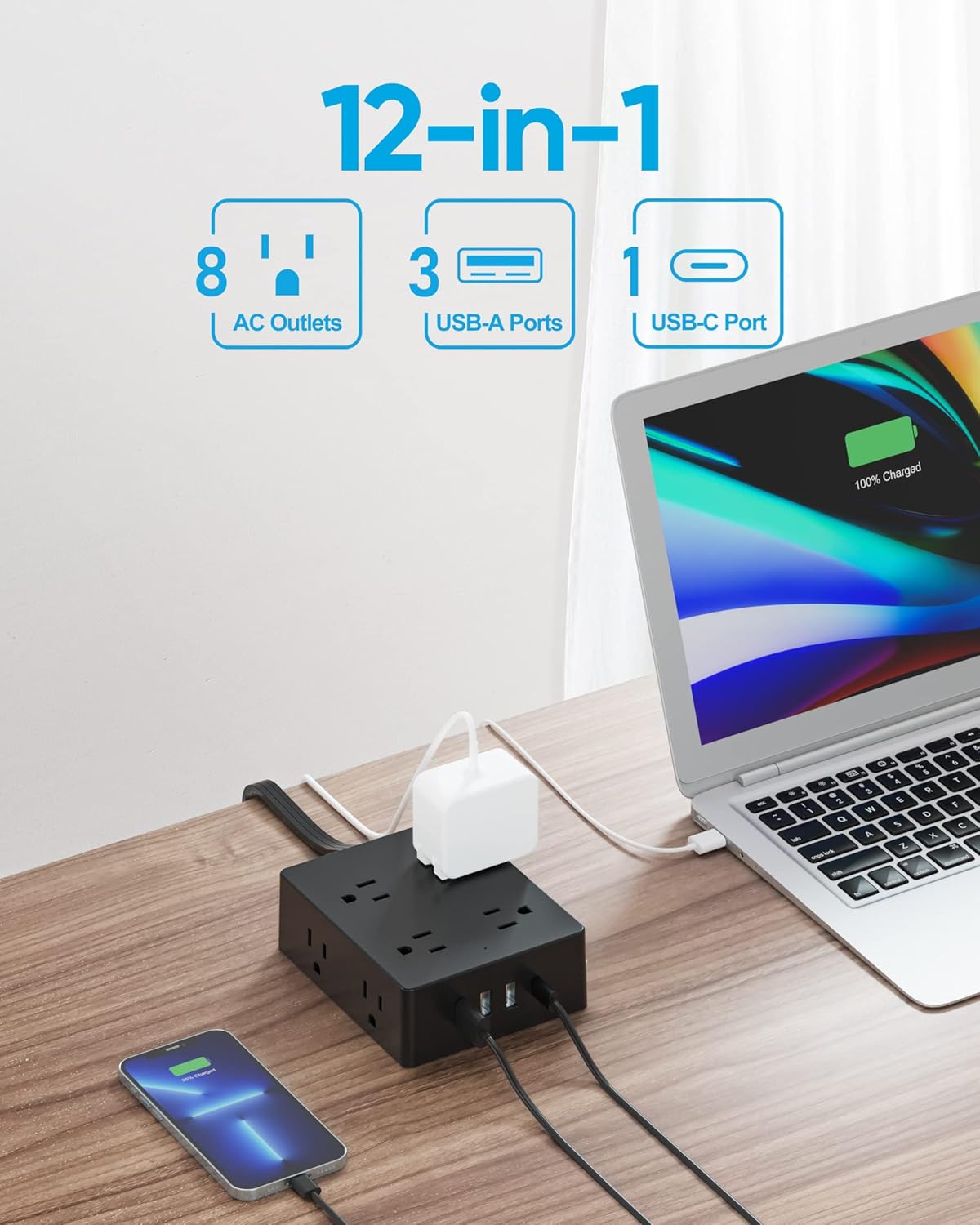 Surge Protector Power Strip, Olcorife 20ft Long Extension Cord with 8 Outlets 4 USB Ports(1 USB C), Flat Wall Plug Outlet Extender, College Dorm Room Essentials, Black