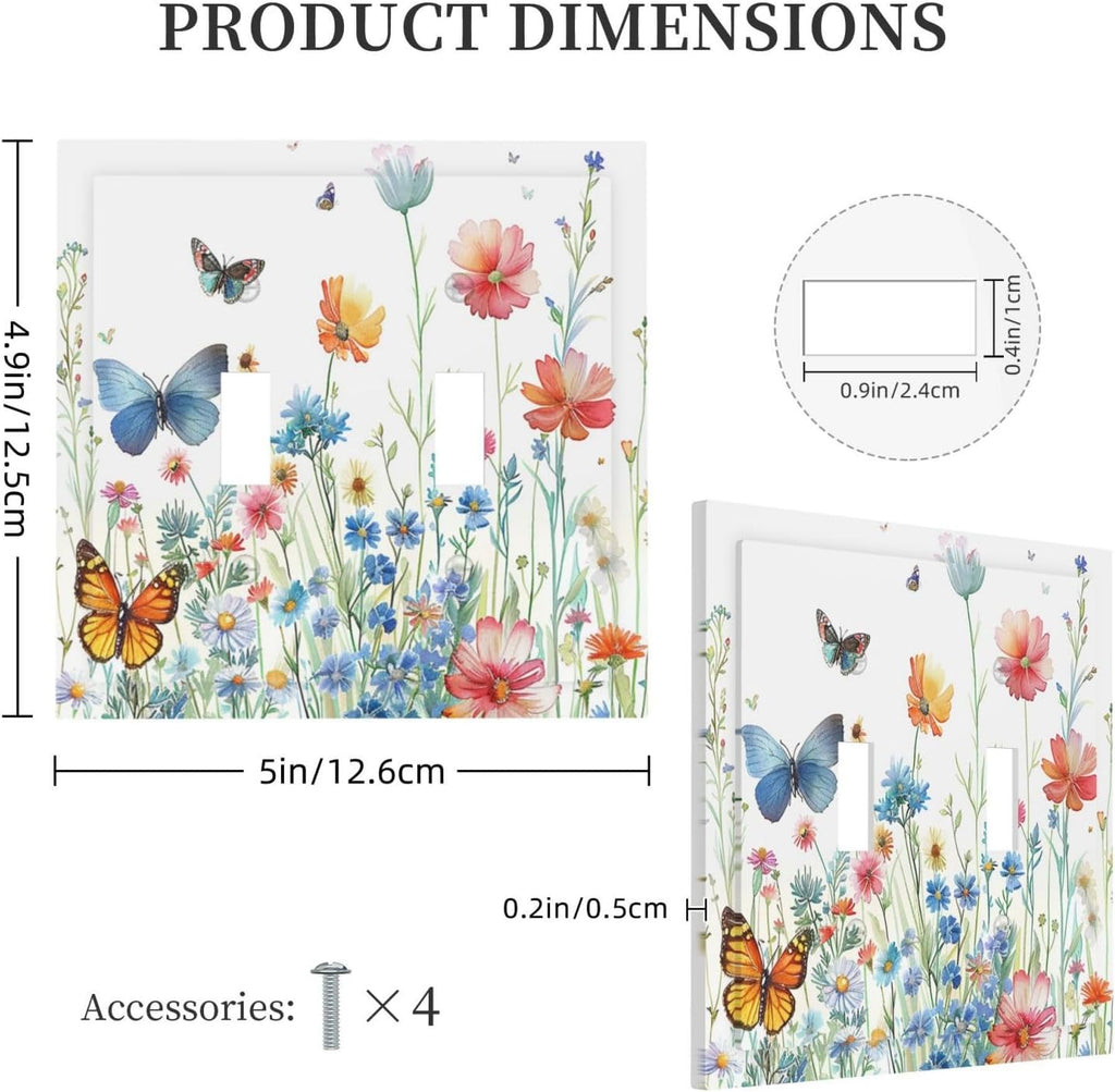 Decorative Light Switch Cover Plate Rustic Wildflower Blue Pink Floral Butterfly 2 Gang Outlet Covers Double Toggle Wall Plates for Electrical Outlets Switch Plate Covers for Home Decor