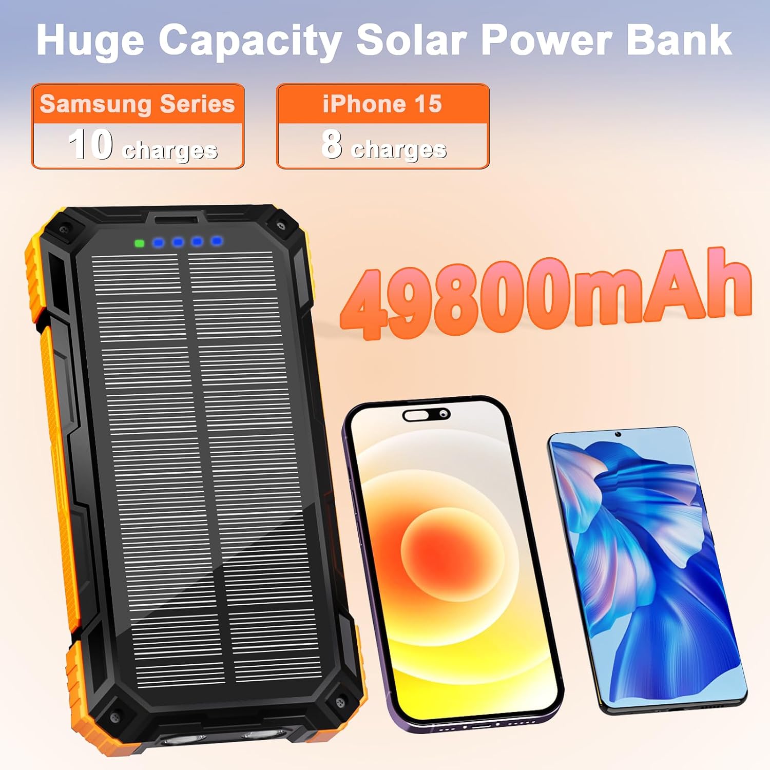 WONGKUO Solar Charger Power Bank - 49800mAh Solar Phone Charger with USB-C in/Output, QC 3.0 Fast Charging with LED Flashlight, Built-in 4 Cables, IP65 Waterproof Fits for Outdoor (Matte Orange)
