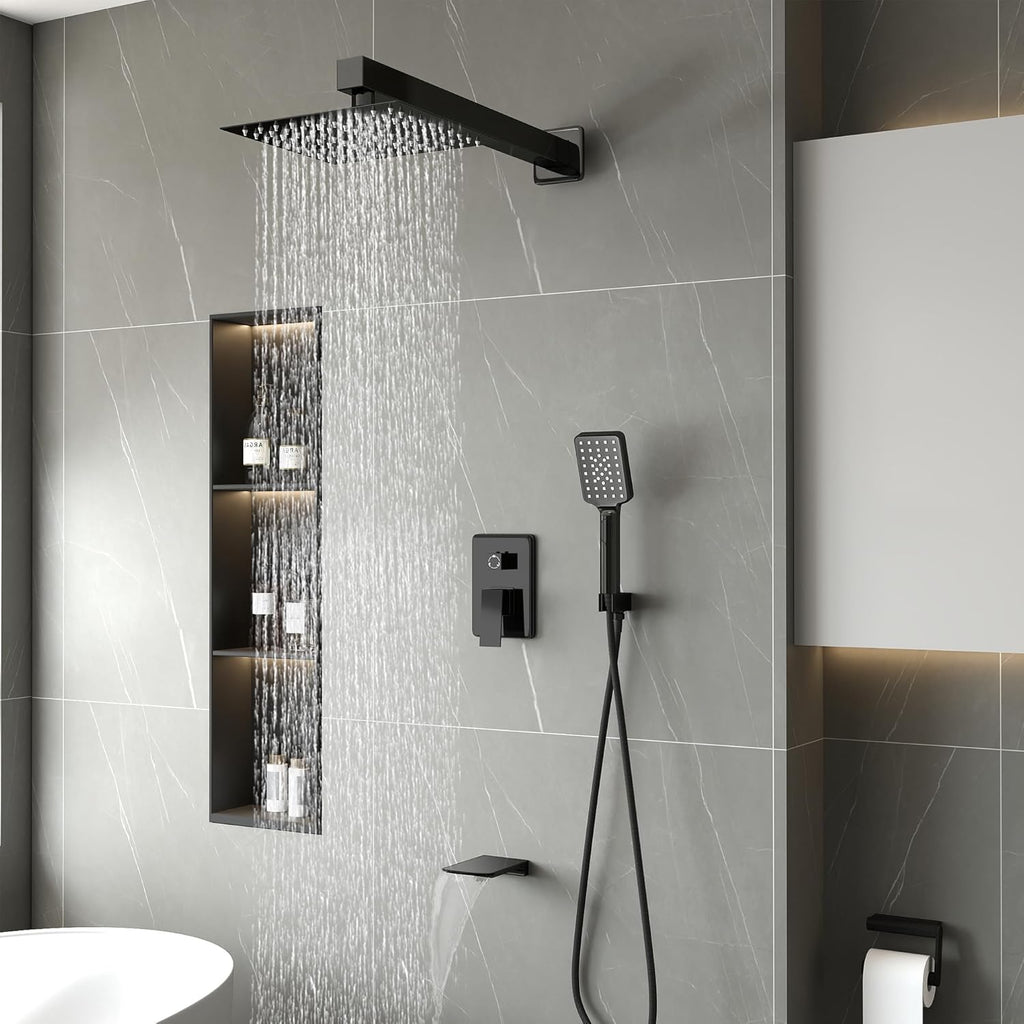 Shower Faucet Set Complete Matte Black Shower System with 8 inch Square Rainfall Shower Head 3-Function Handheld Shower Waterfall Bathtub Spout Rain Shower Combo Set Bathroom Wall Mounted