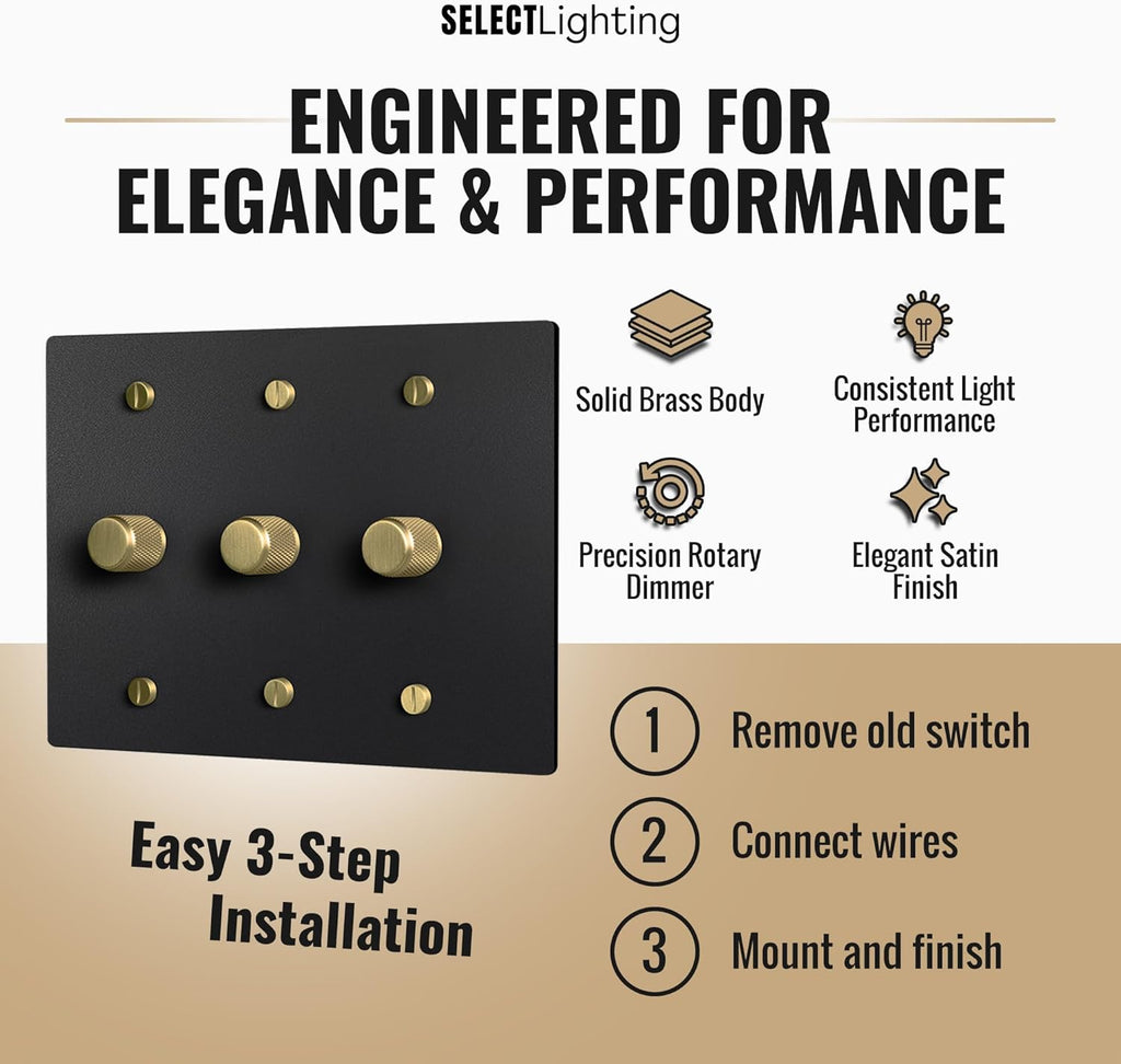 SELECT Black Brass Dimmer Light Switch, 1 Way Rotary Dimmer, 3 Gang TRIAC/Leading Edge Dimmable LED Light Switch, 15A 120V AC with Brass Knob, Faceplate & Dimming Module, UL Listed