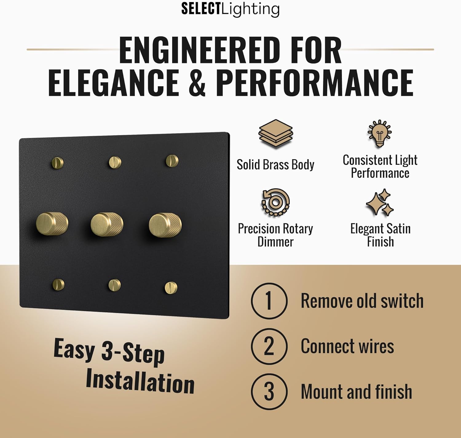 SELECT Black Brass Dimmer Light Switch, 1 Way Rotary Dimmer, 3 Gang TRIAC/Leading Edge Dimmable LED Light Switch, 15A 120V AC with Brass Knob, Faceplate & Dimming Module, UL Listed