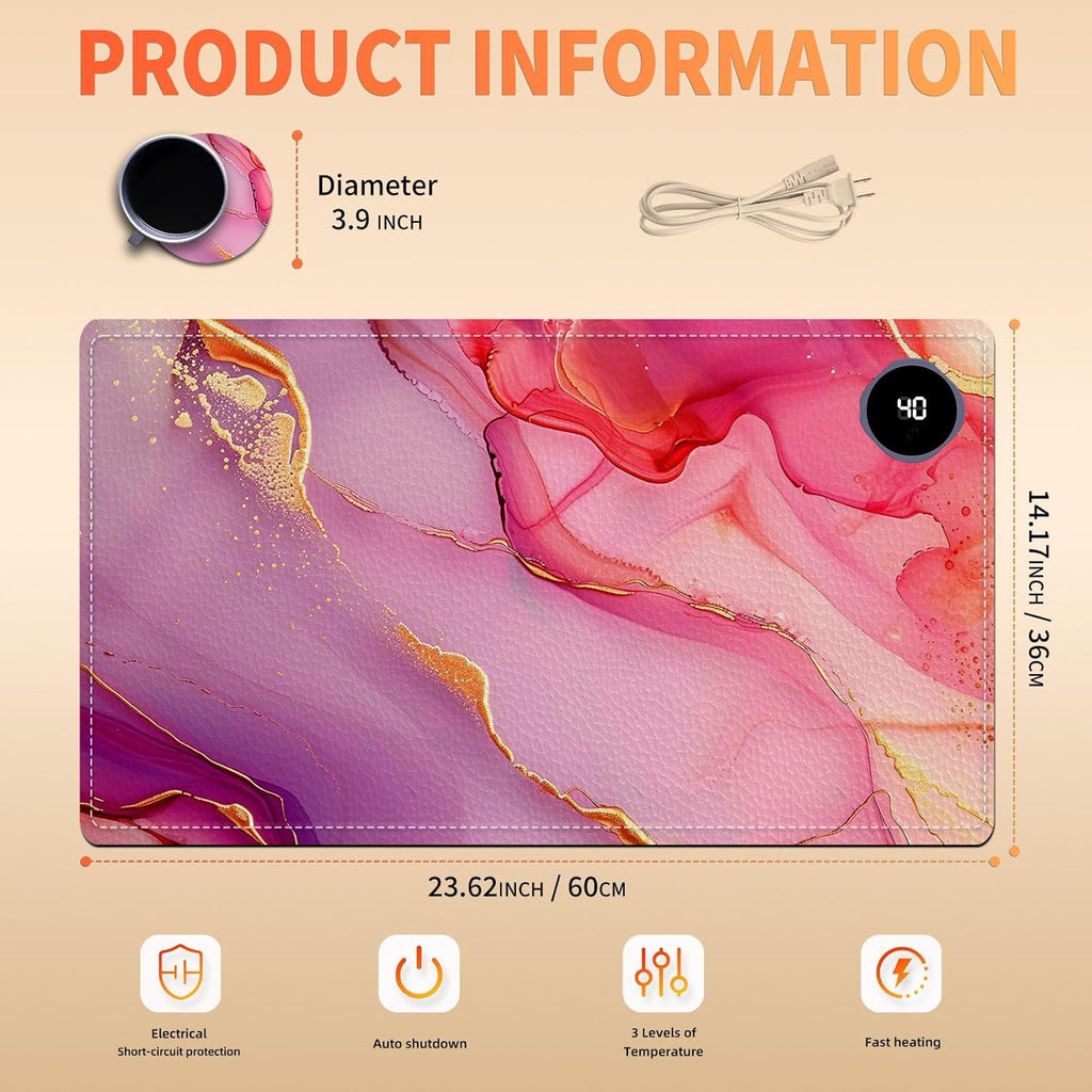Heated Mouse Pad, Warm Desk Pad, Keyboard Mat 23.6 x 14 Inch Large Size Intelligent Fast Heating, 3 Speed Adjustable, Timed Auto Power Off for Game Office Home, Pink Marble