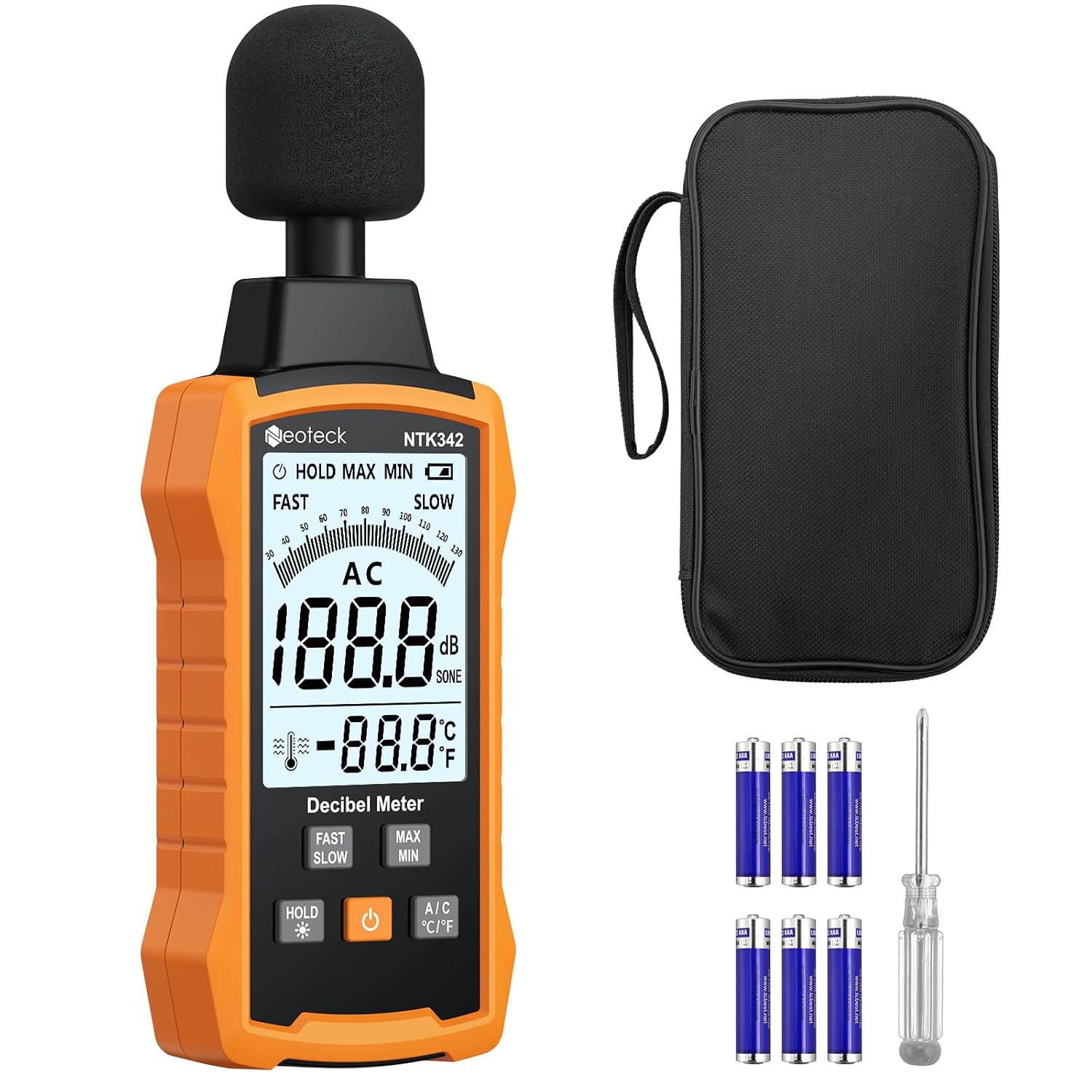 Neoteck 30-130dB Decibel Meter with A/C Weighted Digital Sound Level Meter with MAX/MIN Fast/Slow Response Rate Portable Backlight SPL Meter with Data Hold for Home Office Factories Noisy Neighbors