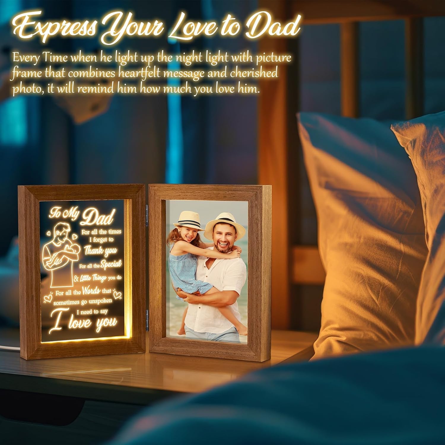 Tiblue Christmas Gifts for Dad from Daughter Son Kids Wife, Gifts for Daddy Who Wants Nothing Best Dad Gift - Night Light with Father Picture Frame for 5x7 Photos New Daddy Bonus Step Father Gift