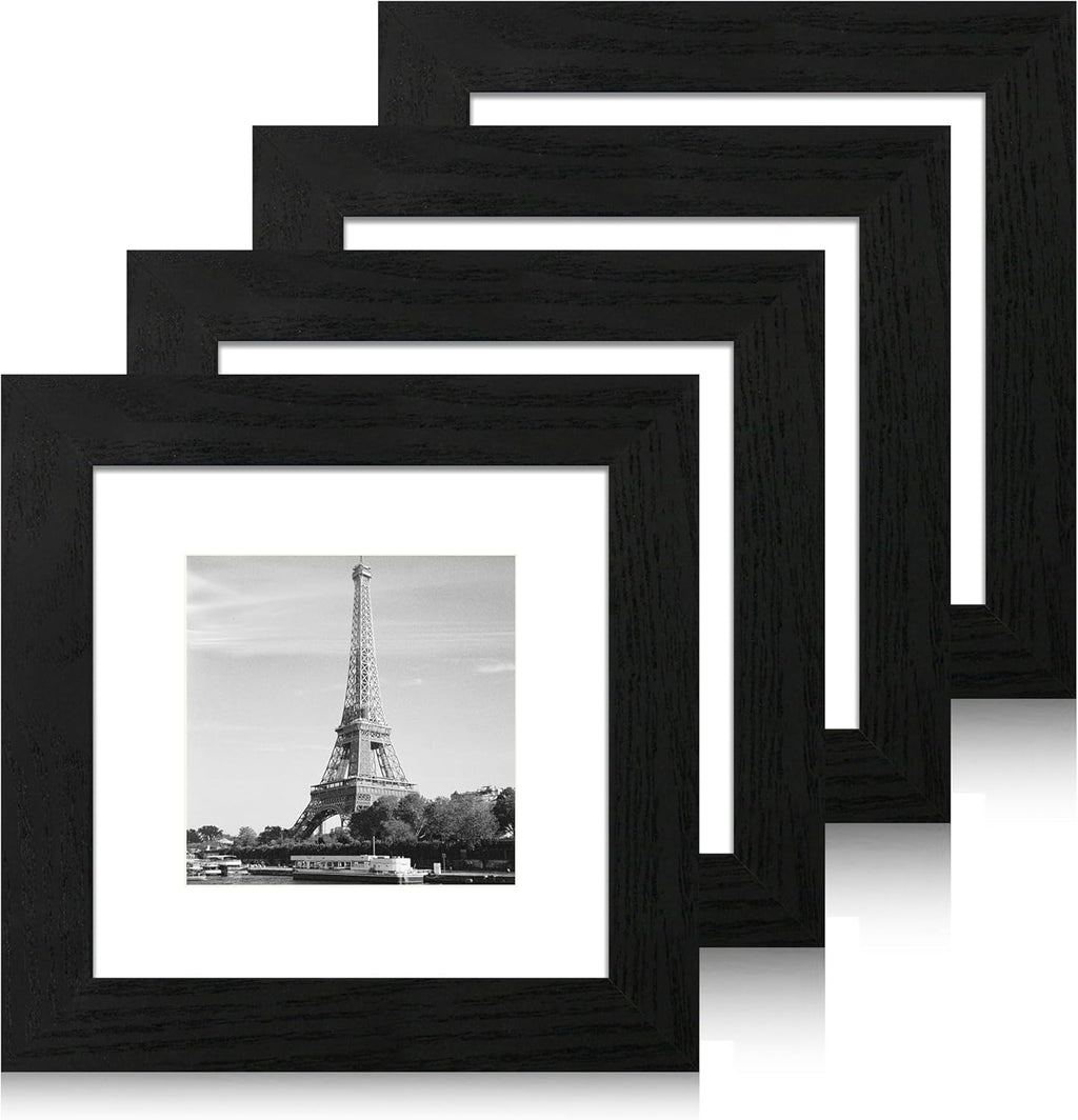 iRahmen 6x6 Picture Frame Set of 4 with High Definition Glass, Black Frames Display 4x4 Picture with Mat or 6 x 6 Without Mat, Square Wood Photo Frame for Wall Mount and Tabletop Display