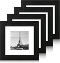 iRahmen 6x6 Picture Frame Set of 4 with High Definition Glass, Black Frames Display 4x4 Picture with Mat or 6 x 6 Without Mat, Square Wood Photo Frame for Wall Mount and Tabletop Display