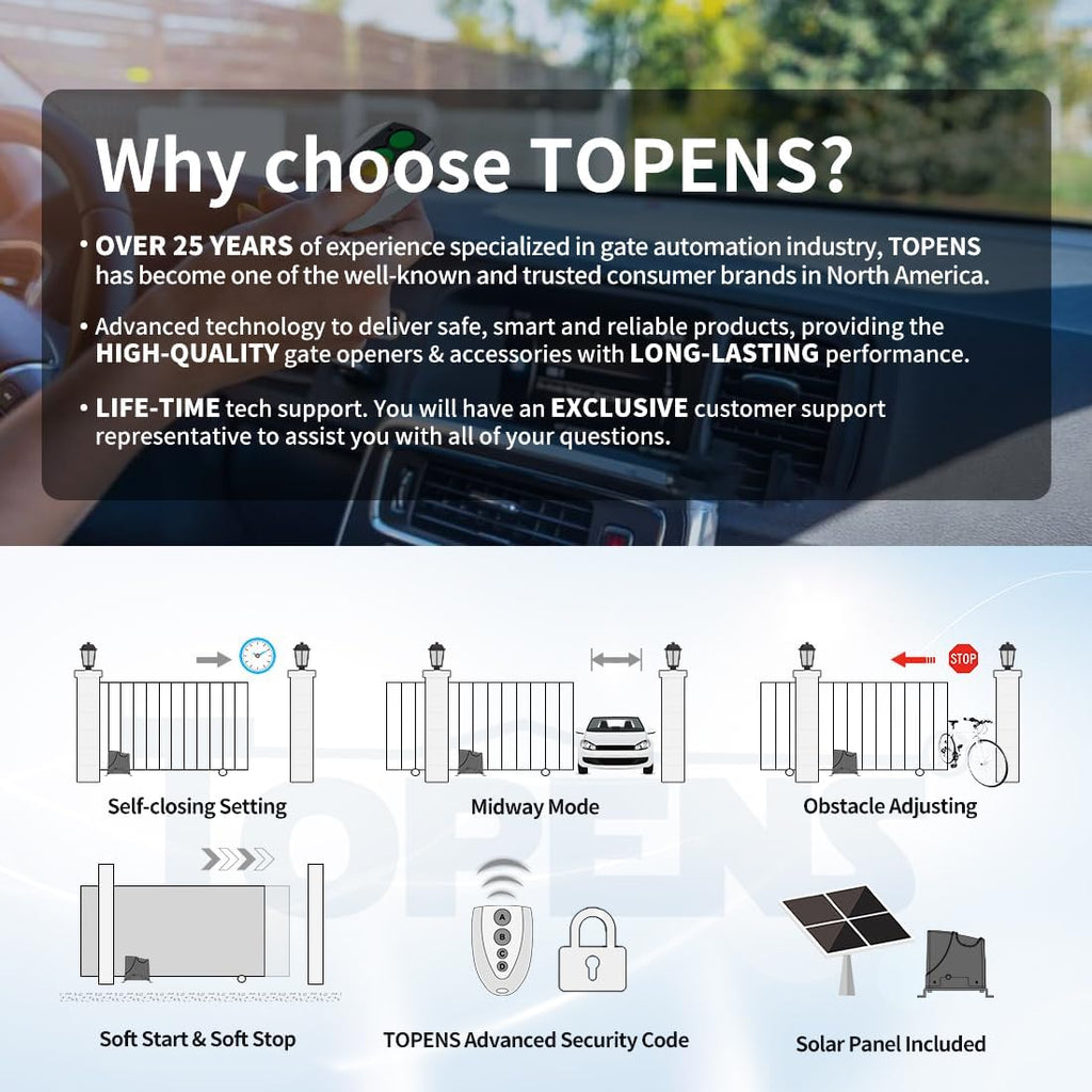 TOPENS DK1000S Solar Sliding Gate Opener Rack Drive Automatic Gate Motor for Heavy Driveway Slide Gates Up to 1800 Pounds, Electric Gate Operator Battery Powered with Solar Panel Remote Control Kit