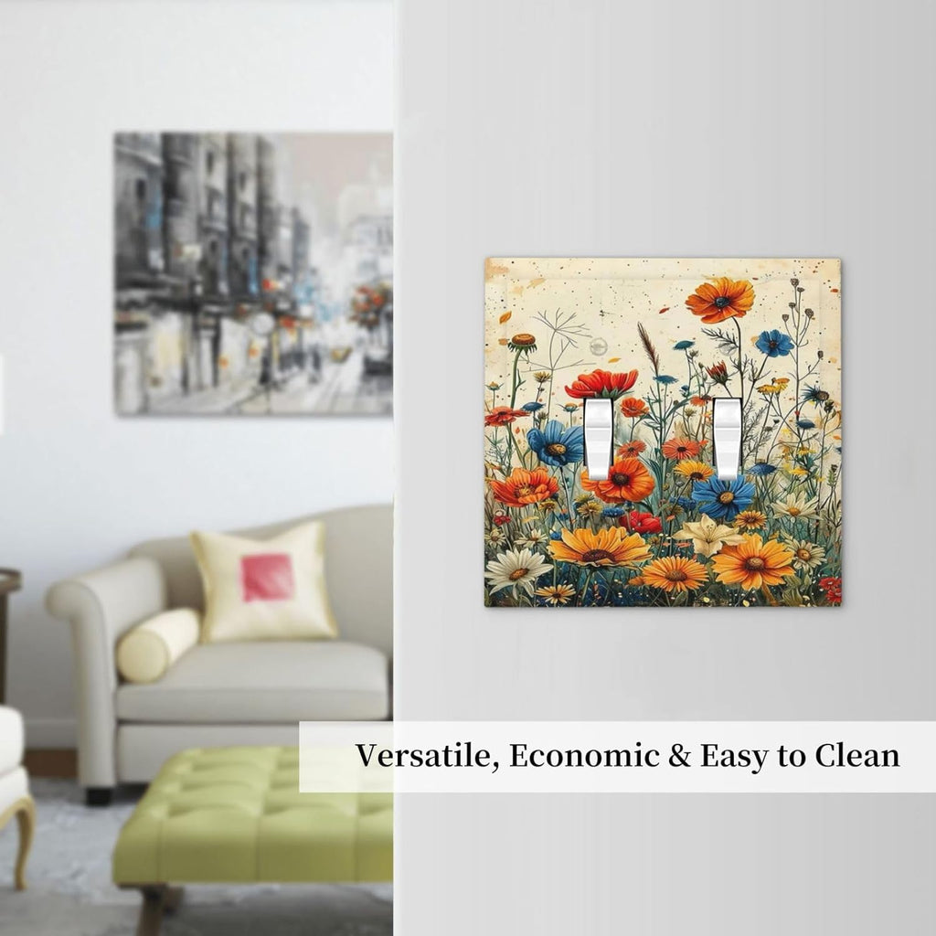 Decorative Switch Plate Covers Colorful Flowers Wildflowers Plants Orange Yellow Blue 2 Gang Double Toggle Light Switch Cover Plate Electrical Wall Plate Outlet Cover for Home Farmhouse