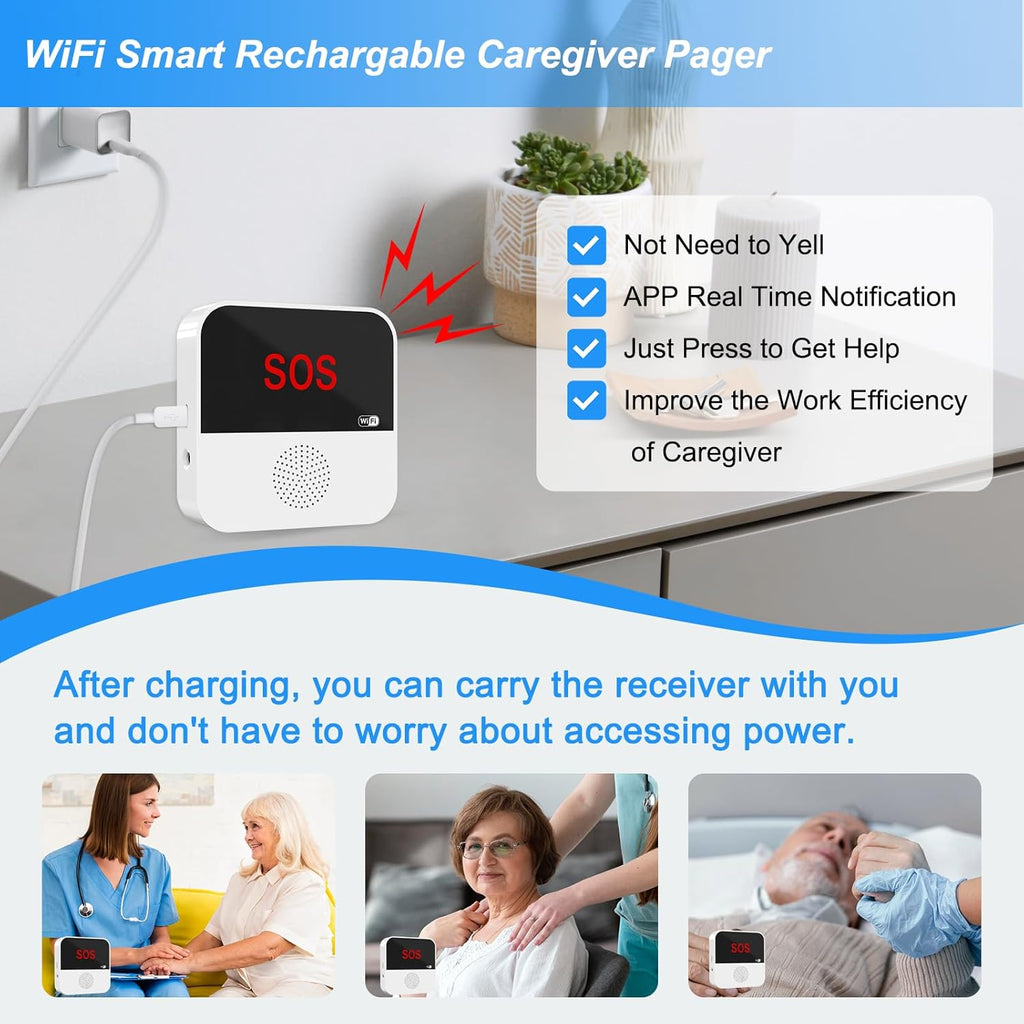 WiFi Rechargeable Smart Caregiver Pager System - Wireless Nurse Call Button with SOS Emergency Alert for Elderly, Patients, Disabled & Kids (2.4GHz WiFi Only, 2 Button + 2 Receiver)