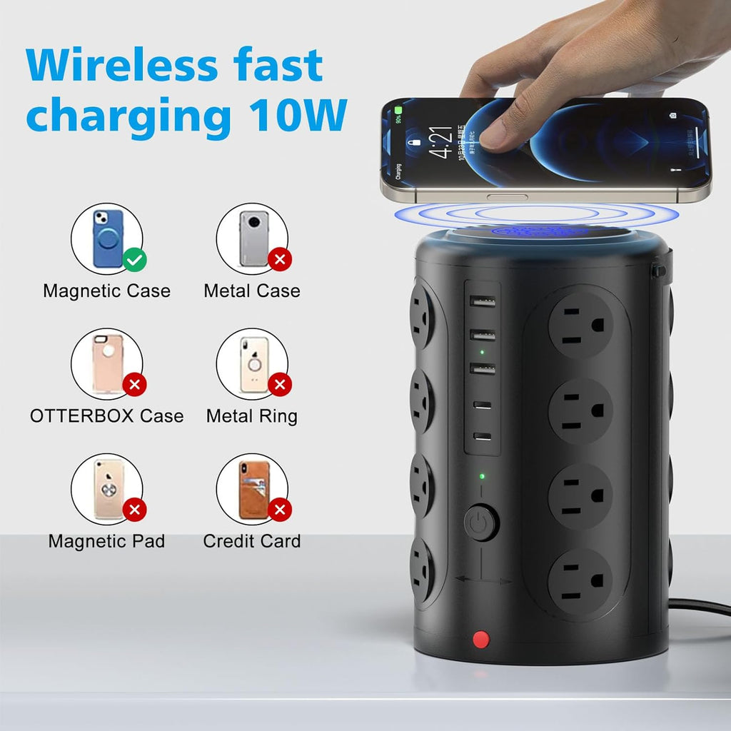 Tower Power Strip, 20FT Extension Cord with Multiple Outlets, 16 AC Outlets & 5 USB (2 USB C) Charging Station Surge Protector for Office Home Dorm Room (Black)