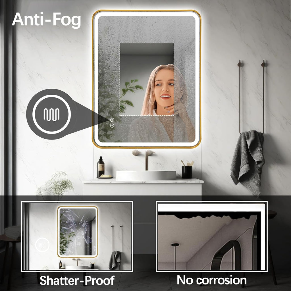 Rectangle LED Bathroom Mirror, 40"x30" Anti-Fog Double Touch Lighted Wall Vanity Mirror 45° Beveled Metal Frame Stepless Adjustable Color Temperature Smart Mirror 3000K-6000K, Gold