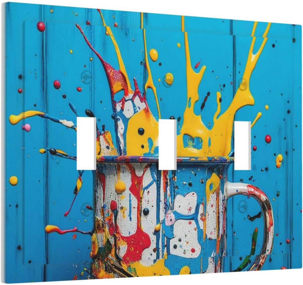 Decorative Light Switch Cover Plate Colorful Paint Splatters Blue Wood Plank 3 Gang Wall Plate Oversized Triple Toggle Switch Cover Plate Jumbo Faceplate for Bedroom Decor