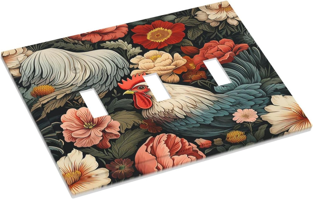 Decorative Switch Plates Rooster Flowers Red White Chicken Floral 3 Gang Wall Plate Triple Toggle Light Switch Cover Faceplate Electrical Wall Panels for living Room Farmhouse Decor