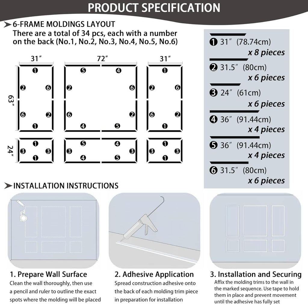 6-Frame Premade Accent Wall Molding Kit, Ready-to-Assemble Wainscoting Panels, Pre-Cut Chair Rail Moulding Trim for Home Décor