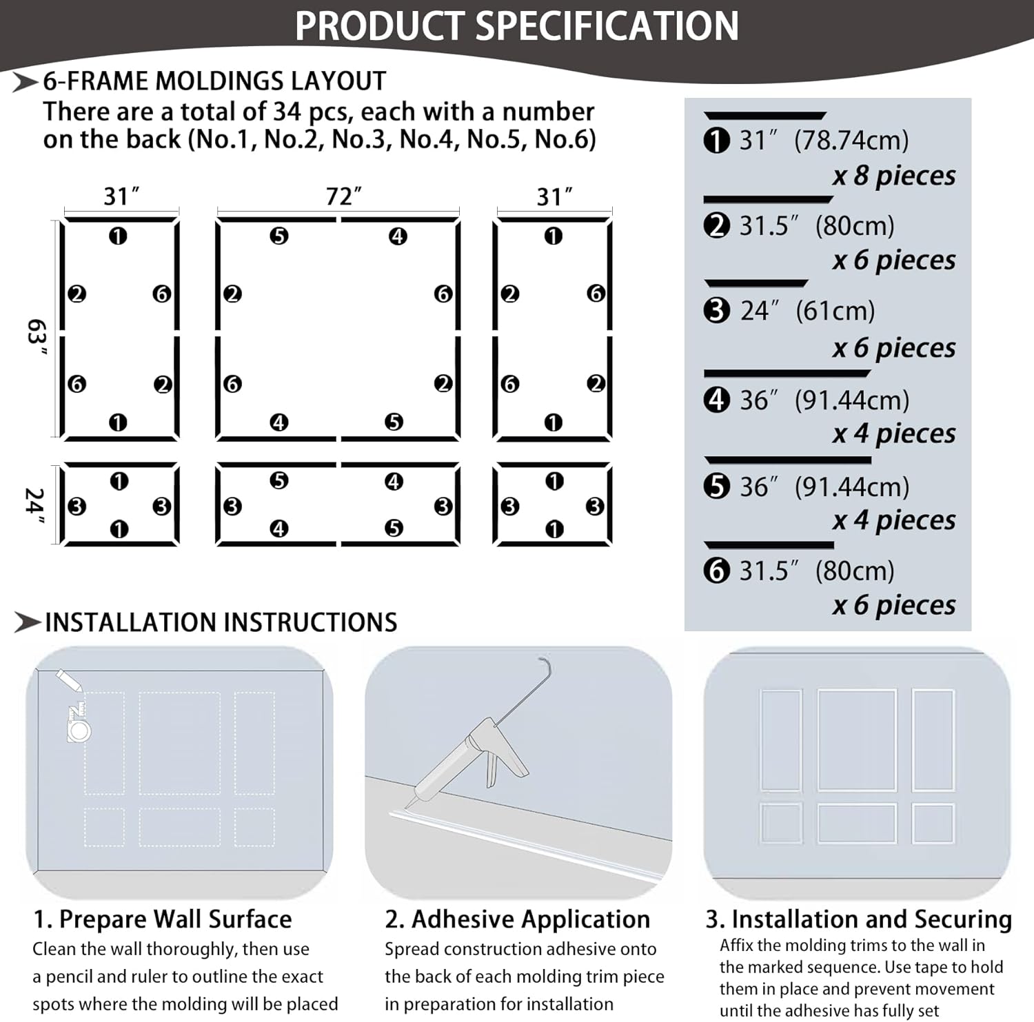 6-Frame Premade Accent Wall Molding Kit, Ready-to-Assemble Wainscoting Panels, Pre-Cut Chair Rail Moulding Trim for Home Décor