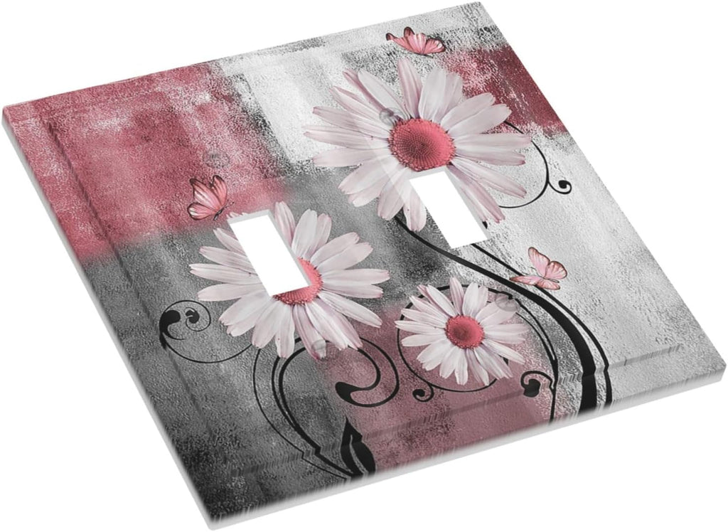 Decorative Switch Plates Pink Floral Rustic Daisy Flower And Butterfly 2 Gang Double Toggle Wall Plate Outlet Light Switch Cover Electrical Faceplate for Farmhouse Cabin Decor