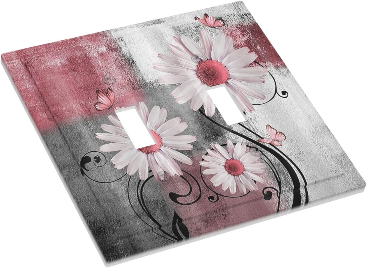 Decorative Switch Plates Pink Floral Rustic Daisy Flower And Butterfly 2 Gang Double Toggle Wall Plate Outlet Light Switch Cover Electrical Faceplate for Farmhouse Cabin Decor